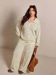 Elaquor 大尺碼女款條紋長袖上衣與長褲休閒日常兩件套 - 杏色 - 查看 4