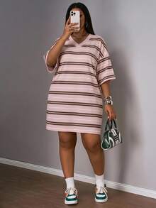 Slaydiva Plus Size Women's Short Sleeve Striped V-Neck Dropped Shoulder Dress - Multicolor - View 1