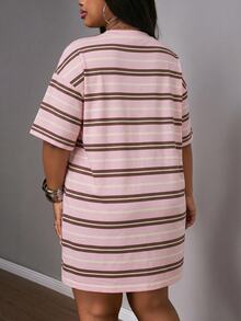 Slaydiva Plus Size Women's Short Sleeve Striped V-Neck Dropped Shoulder Dress - Multicolor - View 2