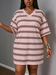 Slaydiva Plus Size Women's Short Sleeve Striped V-Neck Dropped Shoulder Dress - Multicolor - View 6