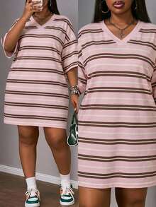 Slaydiva Plus Size Women's Short Sleeve Striped V-Neck Dropped Shoulder Dress - Multicolor - View 7
