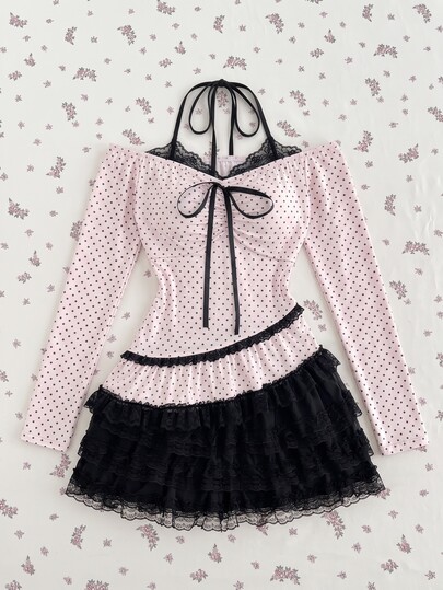 Elamini Camiseta de mujer otoño/invierno rosa con estampado de lunares, patchwork de encaje en contraste, 2 en 1, cuello cuadrado, bajo asimétrico, manga larga, ajuste ceñido, estilo vintage, dulce, lindo, elegante, versátil para compras, citas, campus y uso diario