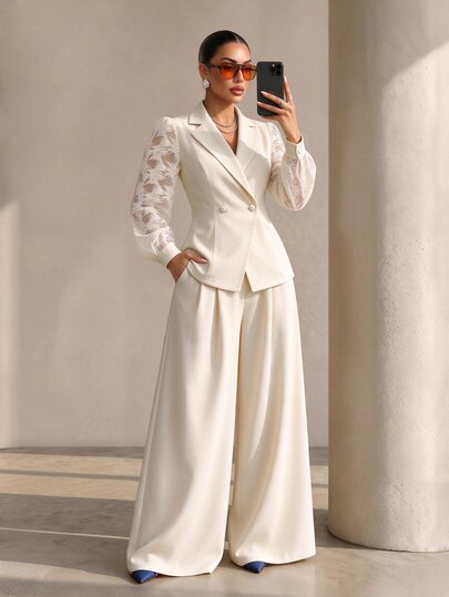 Structelle Elegant Commuter Office Professional Business Double-Breasted Women's Blazer Cream White Summer