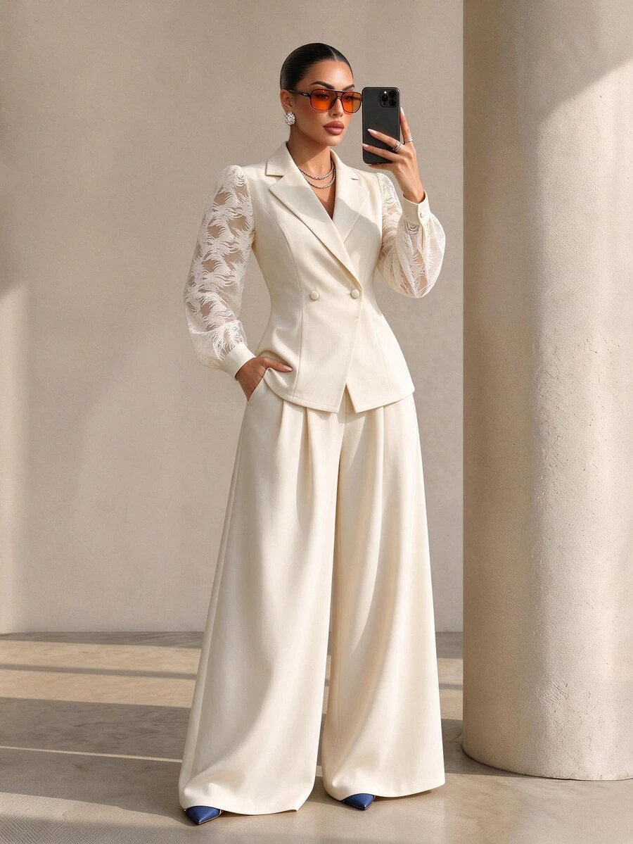 Structelle Elegant Commuter Office Professional Business Double-Breasted Women's Blazer Cream White Summer - Apricot - View 1
