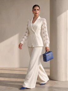 Structelle Elegant Commuter Office Professional Business Double-Breasted Women's Blazer Cream White Summer - Apricot - View 3