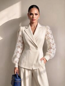 Structelle Elegant Commuter Office Professional Business Double-Breasted Women's Blazer Cream White Summer - Apricot - View 6