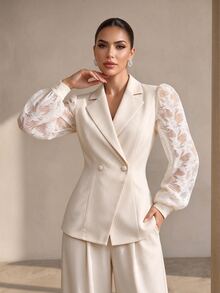 Structelle Elegant Commuter Office Professional Business Double-Breasted Women's Blazer Cream White Summer - Apricot - View 4