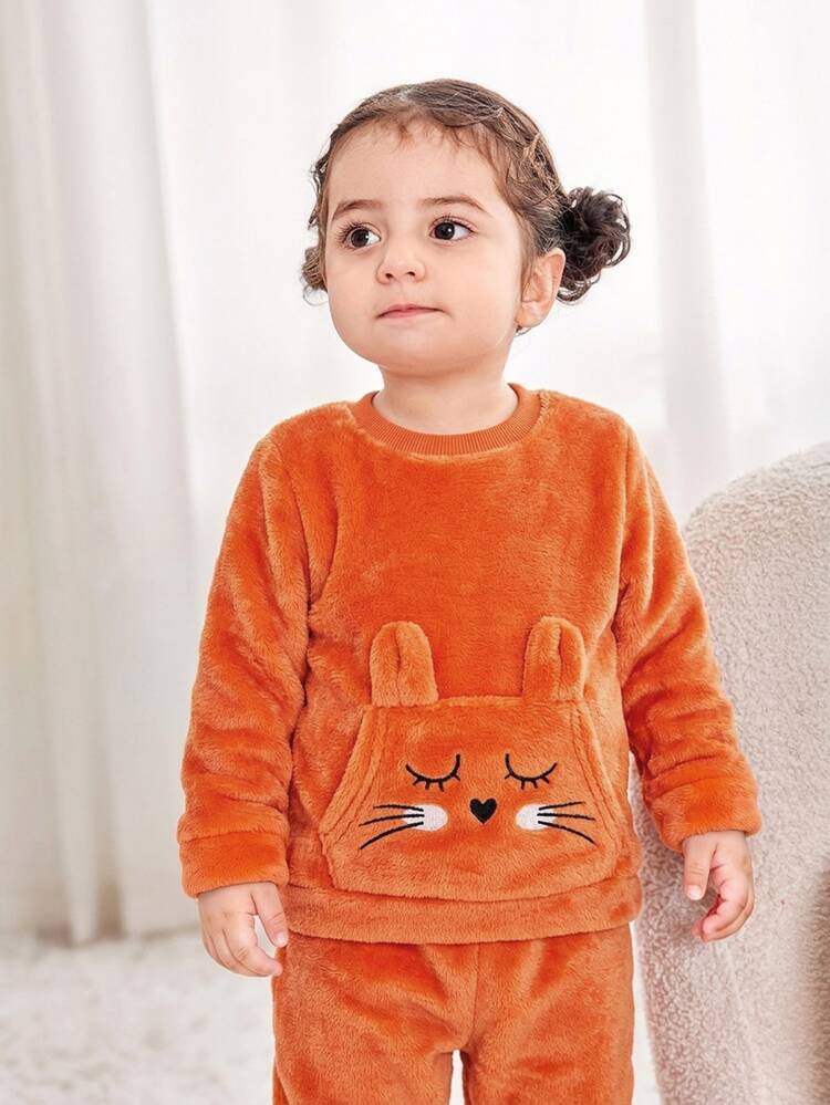 Babygirl Autumn/Winter Cute Cartoon Pattern Fuzzy Long Sleeve Top And Elastic Waist Long Pants Set - Orange - View 3