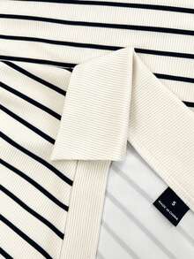 SHEIN 女款條紋 Polo 領長袖連身內衣，優雅 V 領修身針織底層上衣，法式條紋 Polo 領 V 領長袖修身連身內衣，日常風格顯瘦底層連身衣 - 彩色 - 查看 3