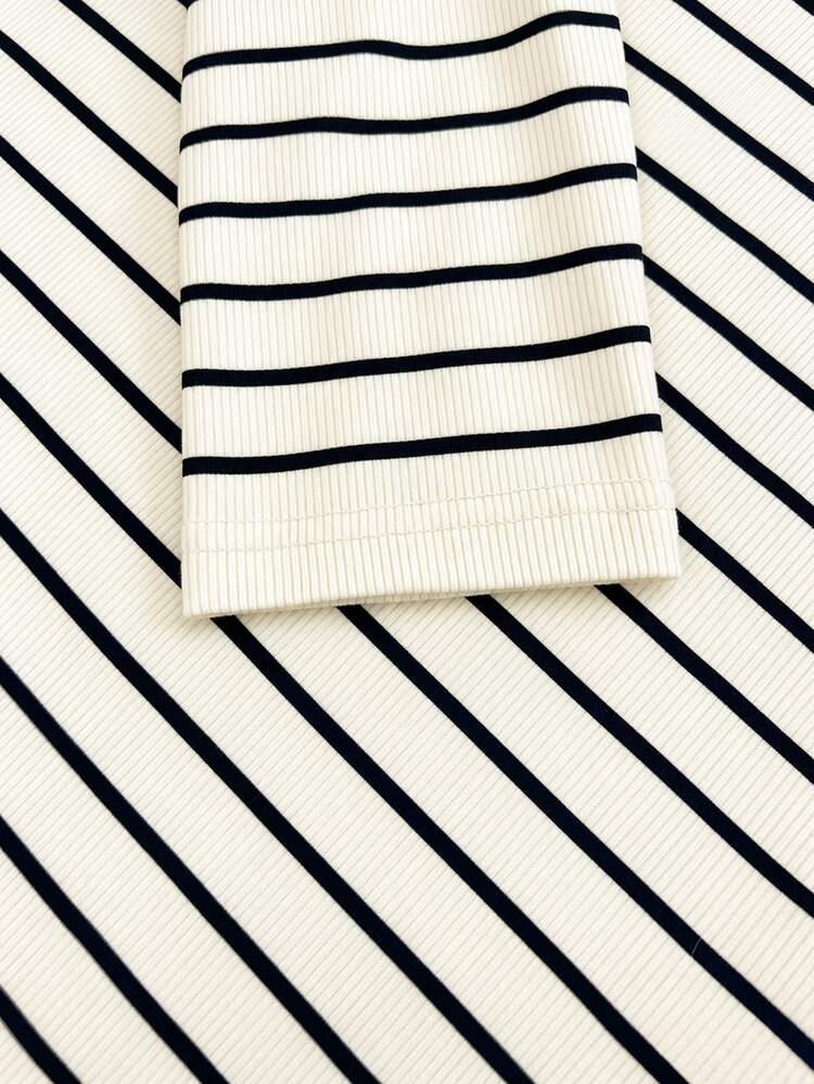 SHEIN Women's Striped Polo Collar Long Sleeve Bodysuit, Elegant V-Neck Slim Fit Knit Base Layer Top Daily Style French Stripe Polo Collar V-Neck Long Sleeve Bodysuit Slimming Base Layer Bodysuit - Multicolor - View 4