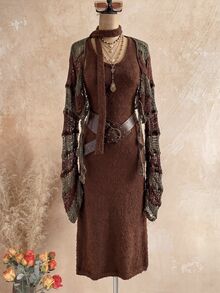 Soleia Women's Fashion Versatile Solid Color Retro Boho Knit Dress Vacation Dark Brown Olive Green Summer - Brown - View 1