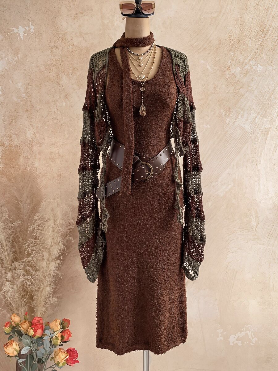 Soleia Women's Fashion Versatile Solid Color Retro Boho Knit Dress Vacation Dark Brown Olive Green Summer - Brown - View 1