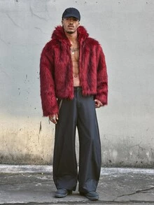AXEPEAK 男士休閒街頭風人造毛長袖夾克 - 紅色 - 查看 7