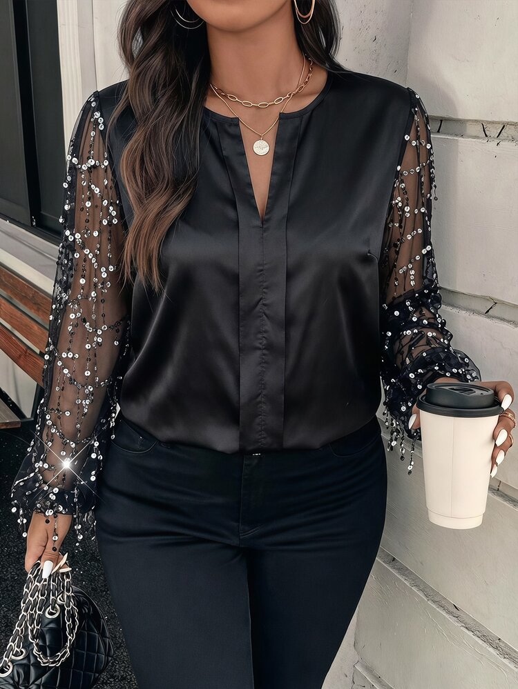 SHEIN Clasi Plus Size Women Mesh Patchwork Casual Daily Shirt Fall - Black - View 8