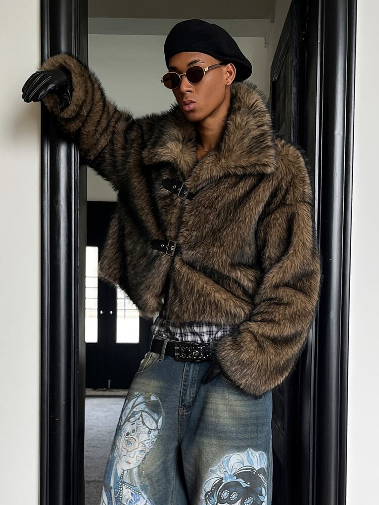 STEELVANCE Men's Faux Fur Jacket, Dual-Tone Silver Fox Fur Collar, Short Style, Commute, Date, Outdoor, Photo Shoot, Elegant Men's Clothing - Brown - View 5