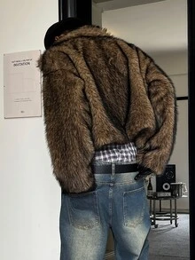 STEELVANCE 男士人造毛皮夾克，雙色銀狐毛領，短版設計，適合通勤、約會、戶外、拍照，優雅男裝 - 棕色 - 查看 7