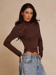 SHEIN Glamour ملابس علوية نسائية بأكمام طويلة بتصميم دانتيل مرقع ضيقة متعددة الاستخدامات للاستخدام اليومي والكاجوال - قهوة بني - مشاهدة 9