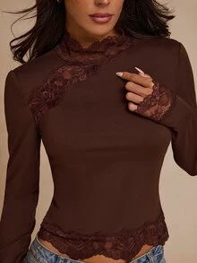 SHEIN Glamour ملابس علوية نسائية بأكمام طويلة بتصميم دانتيل مرقع ضيقة متعددة الاستخدامات للاستخدام اليومي والكاجوال - قهوة بني - مشاهدة 5