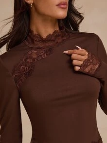 SHEIN Glamour ملابس علوية نسائية بأكمام طويلة بتصميم دانتيل مرقع ضيقة متعددة الاستخدامات للاستخدام اليومي والكاجوال - قهوة بني - مشاهدة 2