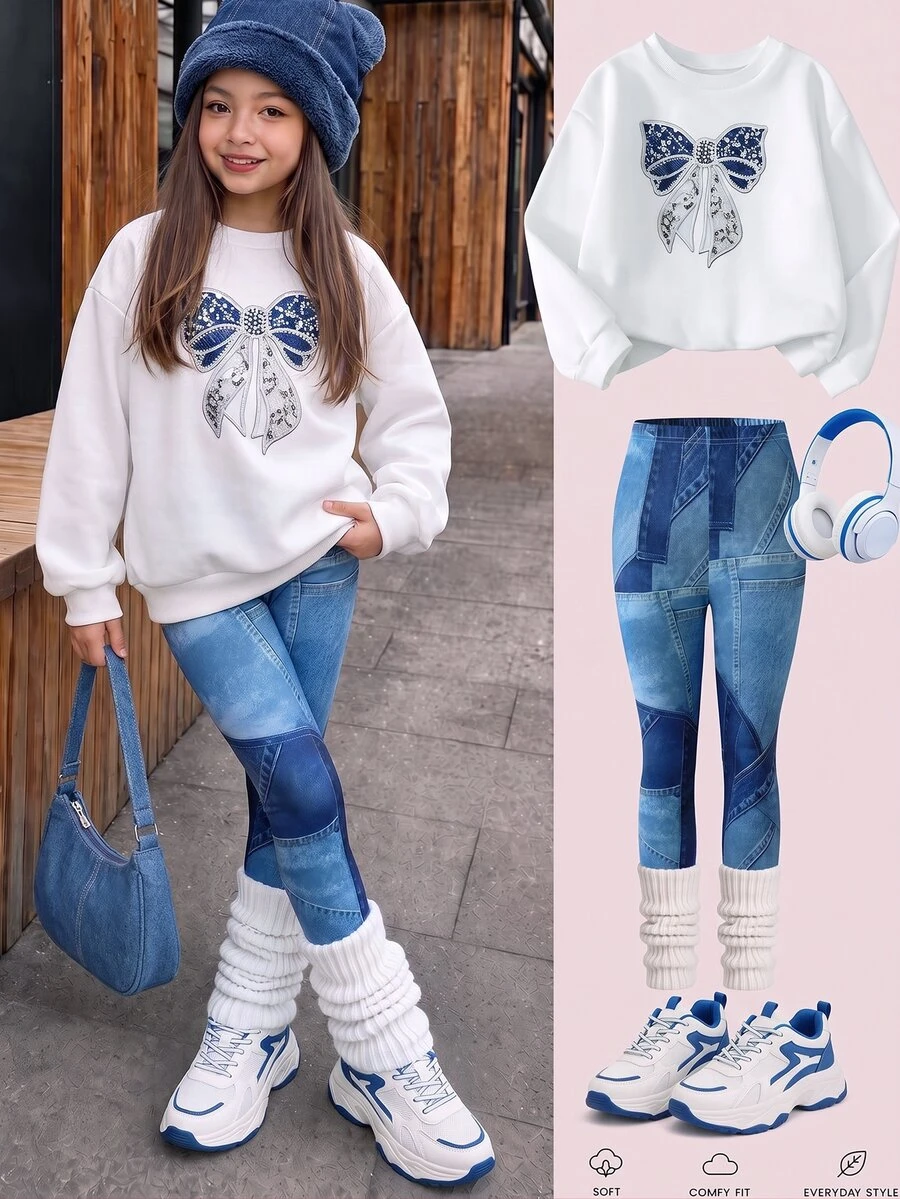 SHEIN Sparklyn 女童韓系活力風棕色運動衫與蝴蝶結修身長褲2件套 - 彩色 - 查看 1