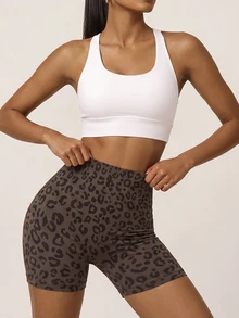 SHEIN BAE Women's Leopard Print High Waist Daily Fitness Sports Shorts - Coffee Brown - View 5