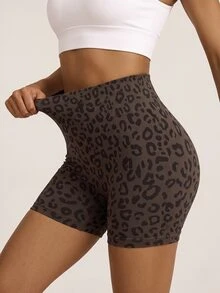 SHEIN BAE Women's Leopard Print High Waist Daily Fitness Sports Shorts - Coffee Brown - View 1