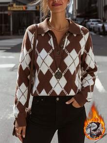 Editum Women's Diamond Grid Polo Collar Long Sleeve Casual Preppy Loose Sweater Thanksgiving Work Everyday School Brown And White Autumn - Multicolor - View 3