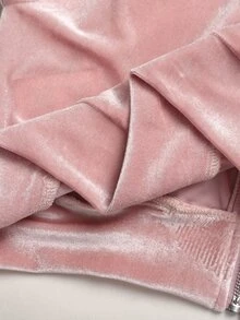 SHEIN Kids Tween Girl Zipper Long Sleeve Sweatshirt And Pocket Loose Pants Dusty Pink Velvet Set - Dusty Pink - View 6
