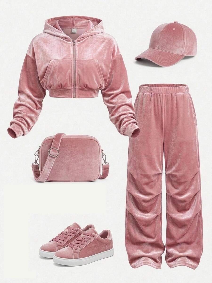 SHEIN Kids Tween Girl Zipper Long Sleeve Sweatshirt And Pocket Loose Pants Dusty Pink Velvet Set - Dusty Pink - View 1