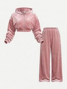 SHEIN Kids Tween Girl Zipper Long Sleeve Sweatshirt And Pocket Loose Pants Dusty Pink Velvet Set - Dusty Pink - View 5
