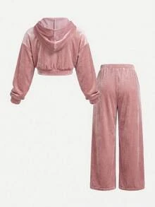 SHEIN Kids Tween Girl Zipper Long Sleeve Sweatshirt And Pocket Loose Pants Dusty Pink Velvet Set - Dusty Pink - View 2