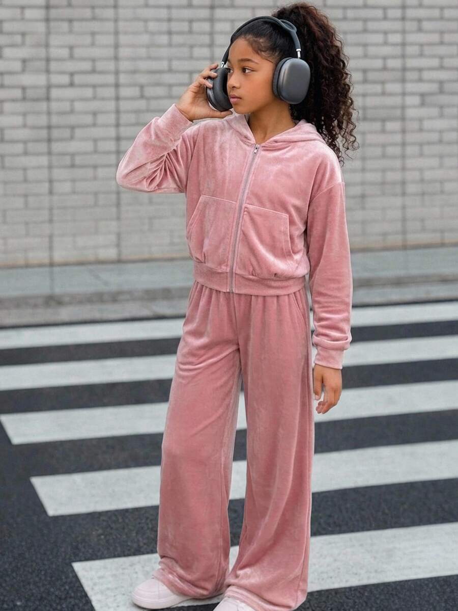 SHEIN Kids Tween Girl Zipper Long Sleeve Sweatshirt And Pocket Loose Pants Dusty Pink Velvet Set - Dusty Pink - View 1