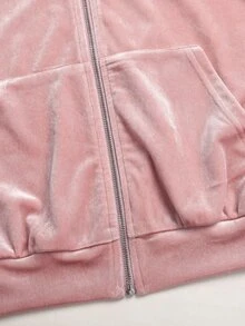 SHEIN Kids Tween Girl Zipper Long Sleeve Sweatshirt And Pocket Loose Pants Dusty Pink Velvet Set - Dusty Pink - View 4