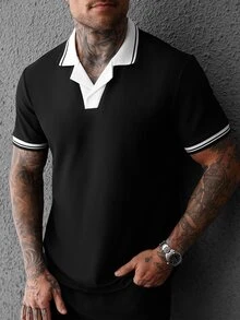 SLATEMANN Men's Colorblock Short Sleeve Polo Collar Loose Casual Daily Polo Shirt - Black - View 5
