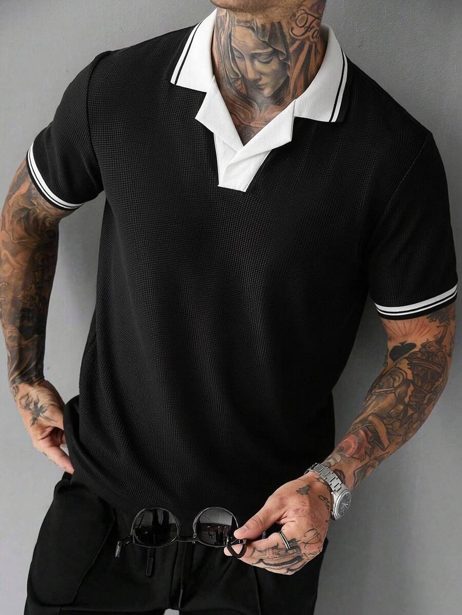 SLATEMANN Men's Colorblock Short Sleeve Polo Collar Loose Casual Daily Polo Shirt - Black - View 1