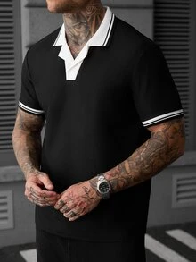 SLATEMANN Men's Colorblock Short Sleeve Polo Collar Loose Casual Daily Polo Shirt - Black - View 3