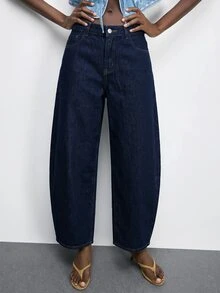 Maija Women's Casual Streetwear Washed Curved Leg Trousers Everyday Navy Blue Summer - Dark Wash - View 6