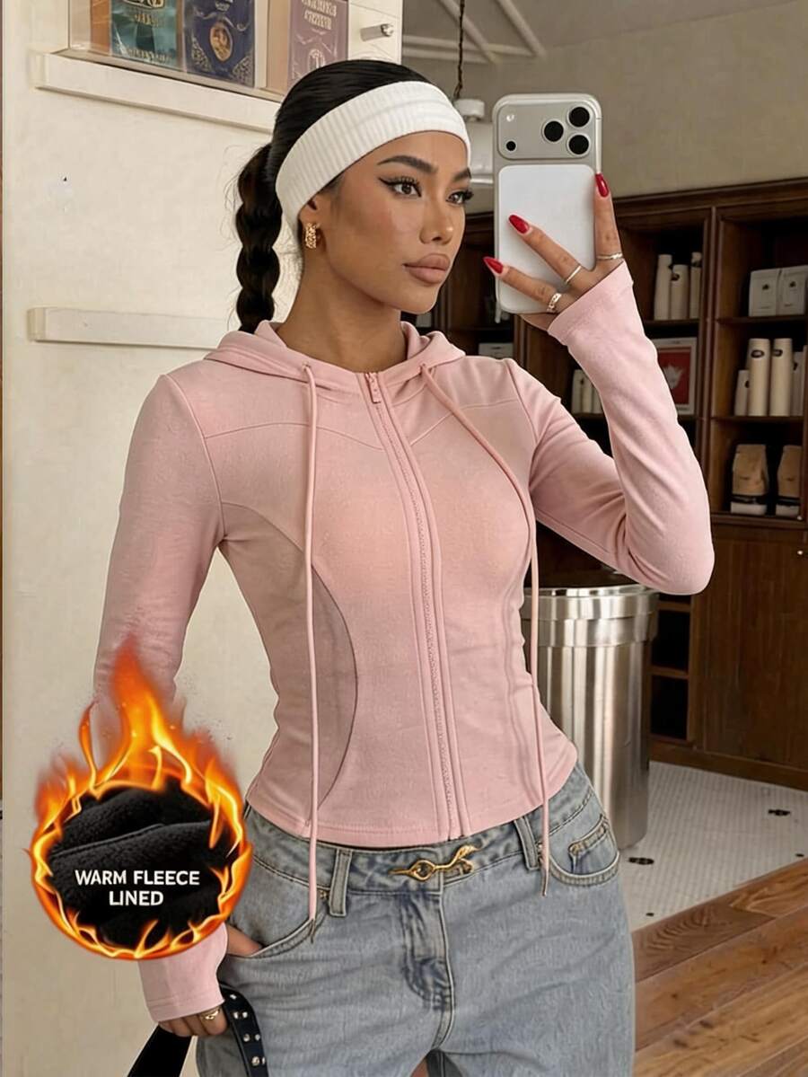 Muchica Women's Pink Slim Fit Hooded Zip Up Cropped Brushed Sports Jacket Gym Jacket Workout Jacket Yoga Jacket Sportswear Activewear Breathable Fall Winter