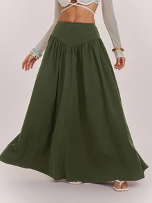 SHEIN Tall 女款素色高腰口袋百褶休閒裙 - 綠色 - 查看 5