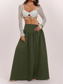 SHEIN Tall 女款素色高腰口袋百褶休閒裙 - 綠色 - 查看 8
