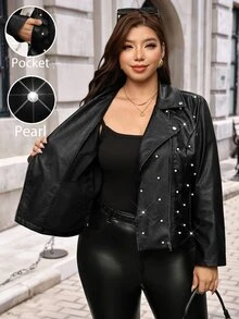 SHEIN Clasi 秋冬女款大尺碼 PU 皮革機車夾克，金屬拉鍊裝飾，黑色優雅休閒正裝，適合外出與雞尾酒會 - 黑色 - 查看 6