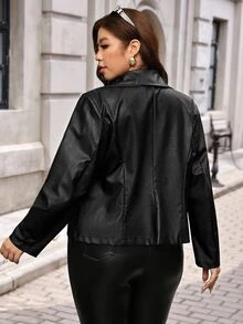 SHEIN Clasi 秋冬女款大尺碼 PU 皮革機車夾克，金屬拉鍊裝飾，黑色優雅休閒正裝，適合外出與雞尾酒會 - 黑色 - 查看 2