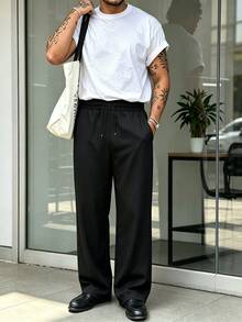 Manfinity Homme Plus Size Men's Solid Color Drawstring Casual Everyday Long Pants - Black - View 7