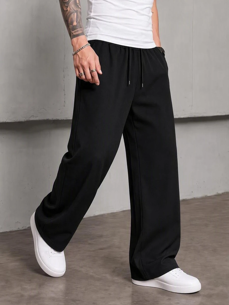 Manfinity Homme Plus Size Men's Solid Color Drawstring Casual Everyday Long Pants - Black - View 1