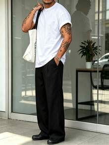 Manfinity Homme Plus Size Men's Solid Color Drawstring Casual Everyday Long Pants - Black - View 3