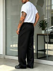 Manfinity Homme Plus Size Men's Solid Color Drawstring Casual Everyday Long Pants - Black - View 2