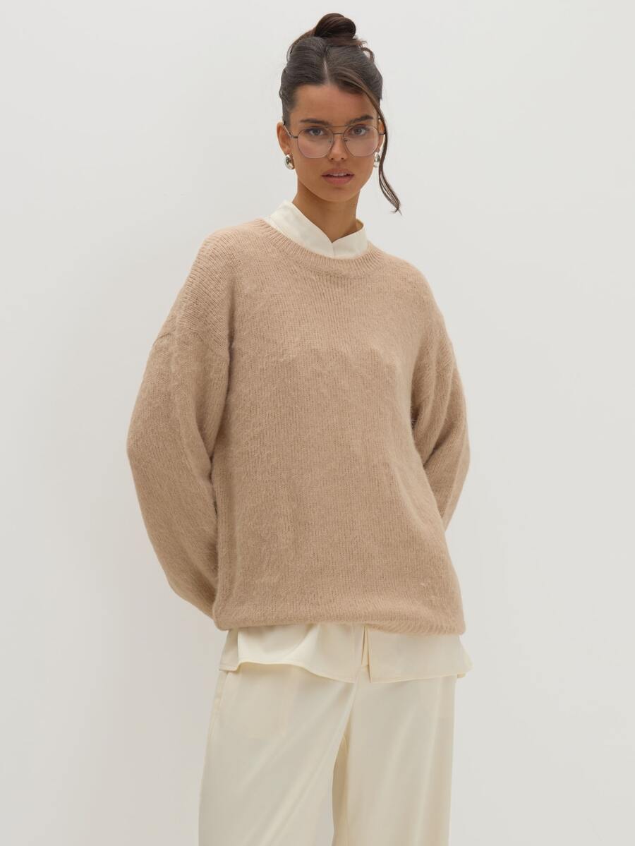 Beige Whool Knit Oversized Sweater Everyday Date Night Chic New Season Elegant Party Romantic Museyn Feminina - Khaki - View 1