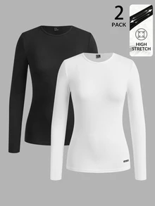 TaskEZ 2pcs Long Sleeve Base Layer T-Shirts, Women's Workwear Base Layer T-Shirts, Comfortable Base Layer T-Shirts, Solid Color Round Neck Long Sleeve Minimalist Uniform Tops, Suitable For Office Commute Versatile, Suitable For Matching - Multicolor - View 1