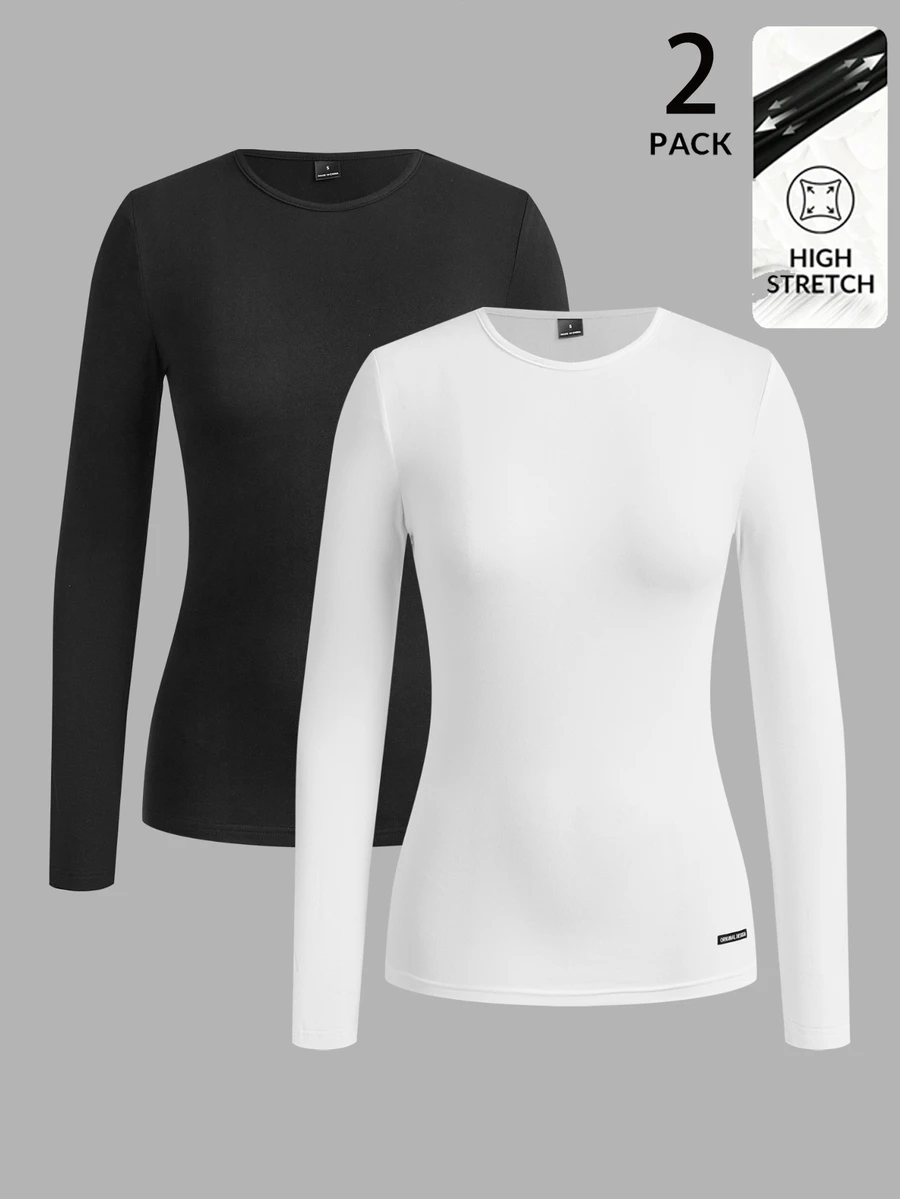 TaskEZ 2pcs Long Sleeve Base Layer T-Shirts, Women's Workwear Base Layer T-Shirts, Comfortable Base Layer T-Shirts, Solid Color Round Neck Long Sleeve Minimalist Uniform Tops, Suitable For Office Commute Versatile, Suitable For Matching - Multicolor - View 1