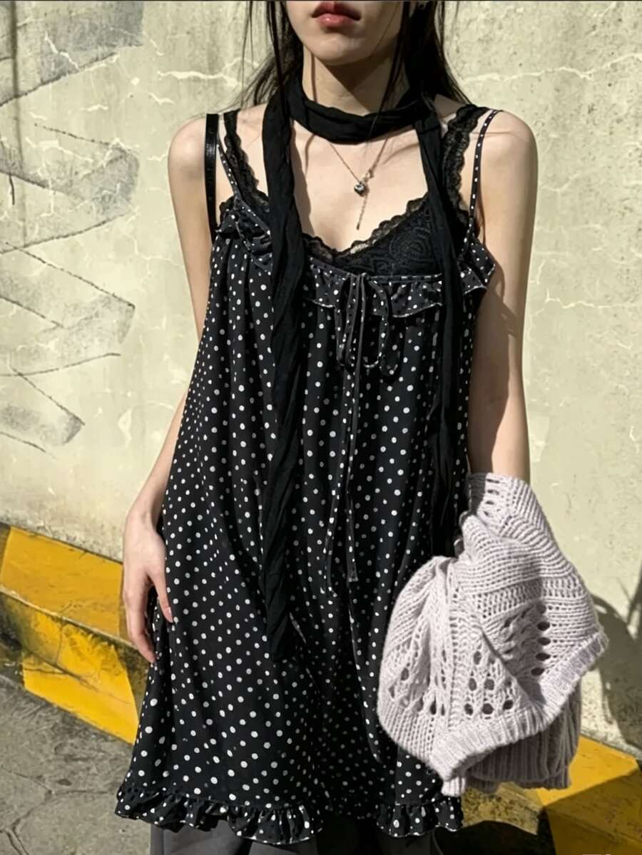 FRIFUL 女款波點休閒法式可愛百搭日常穿著細肩帶上衣 早午餐黑白波點夏季款 - 黑色 - 查看 1
